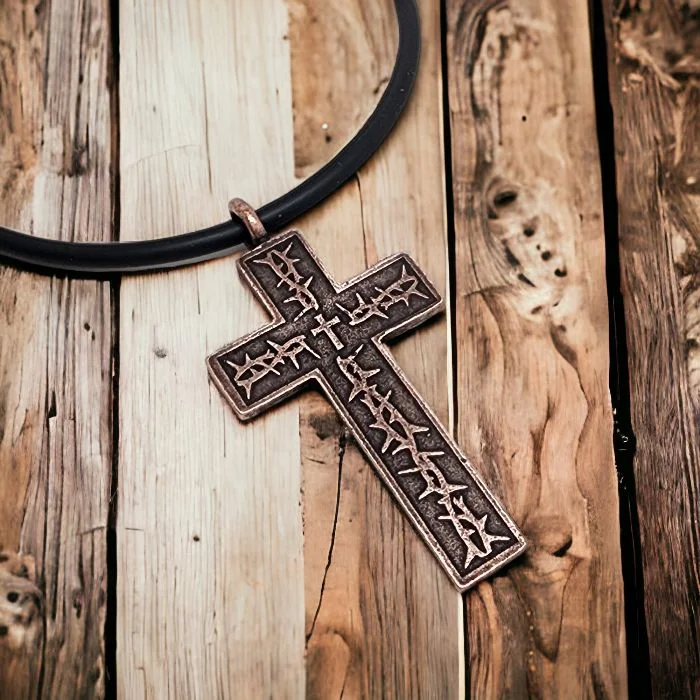 Engraved Bar Necklaces-Thorns Cross Antique Copper Finish Pendant Black Cord Necklace