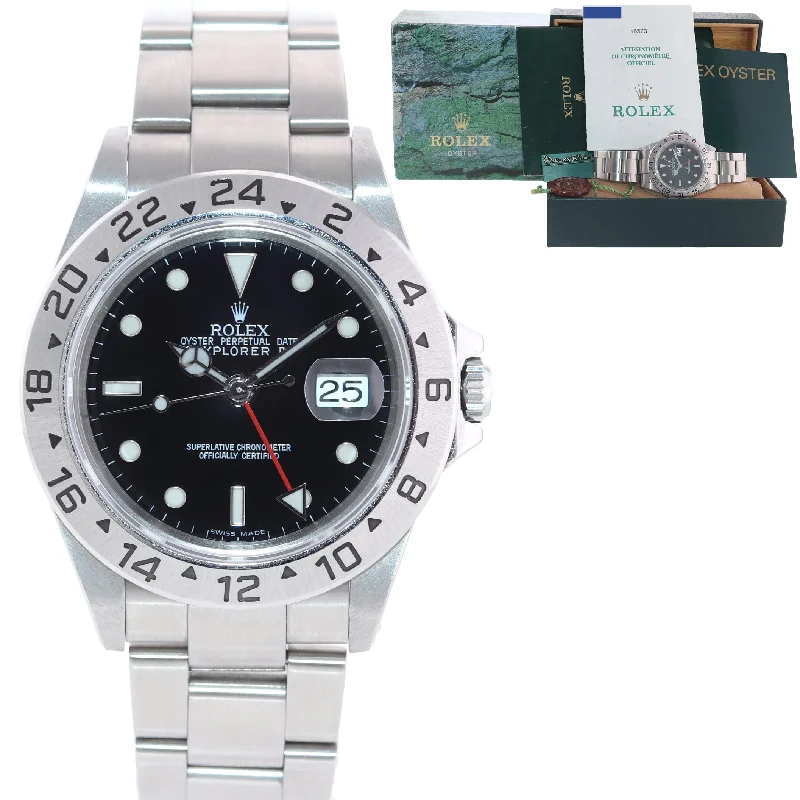 Stylish Stainless Steel Watches-PAPERS 2000 Rolex Explorer II 16570 Steel Black Dial GMT 40mm SEL Watch Box