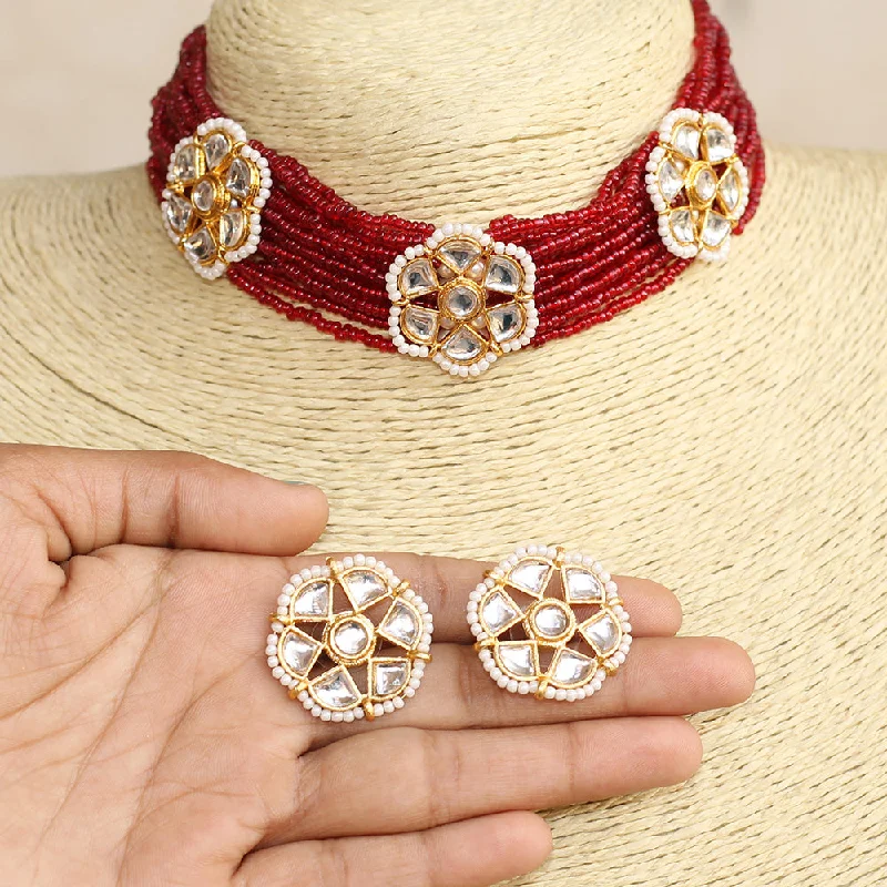 Vintage Style Necklaces-Beadsnfashion Seed Beads Beaded Kundan Choker Set Maroon