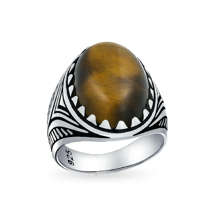 Modern Diamond Engagement Rings-Mens Silver Ring with Black Onyx Blue Turquoise Tiger Eye Gemstone Lion Claw Design