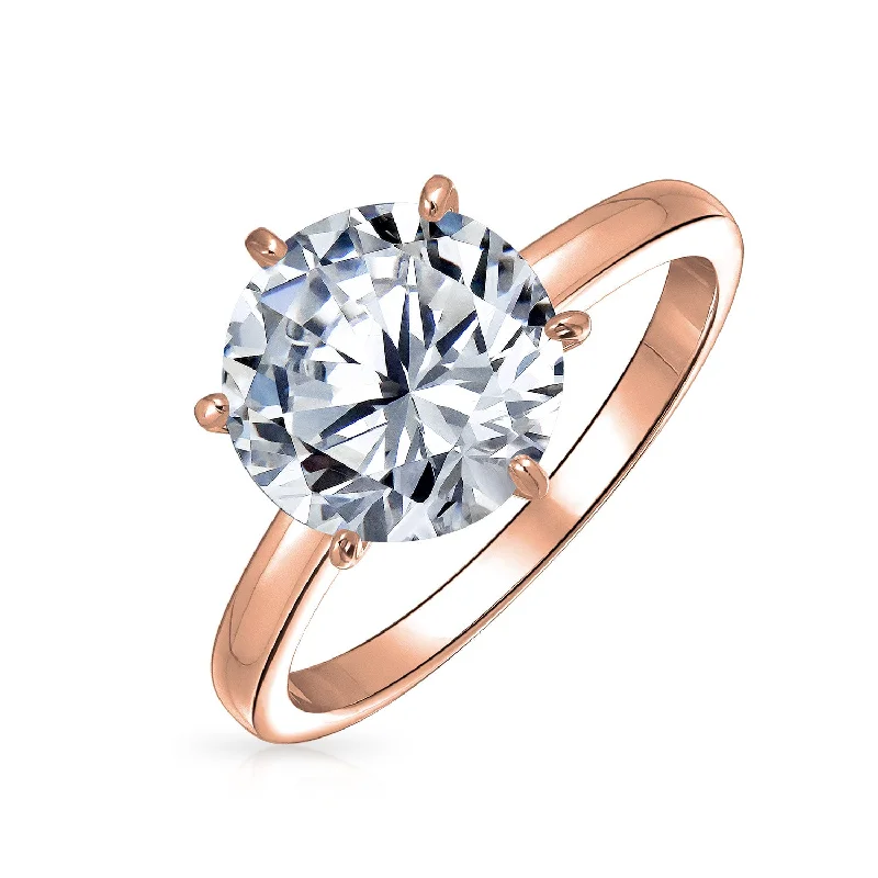 Simple Rose Gold Rings-Classic 3CT CZ Round Cut Solitaire Engagement Ring, Sterling Silver, 14K Gold Plated