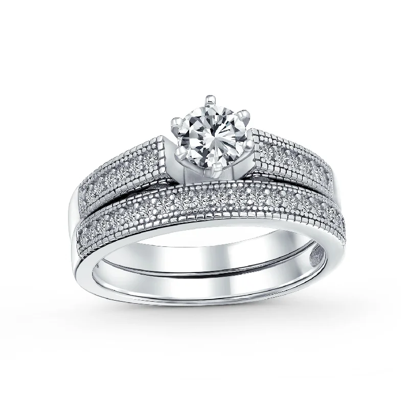 Elegant Titanium Rings-Vintage Style Cocktail Statement Ring: 1.5CT Round Solitaire CZ Pave Band Set