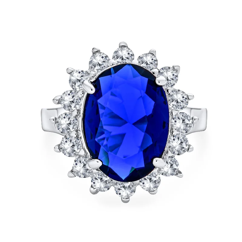 Statement Rings for Women-Vintage Style Oval CZ Sapphire Engagement Ring in Sterling Silver, 5-7 Karat Halo