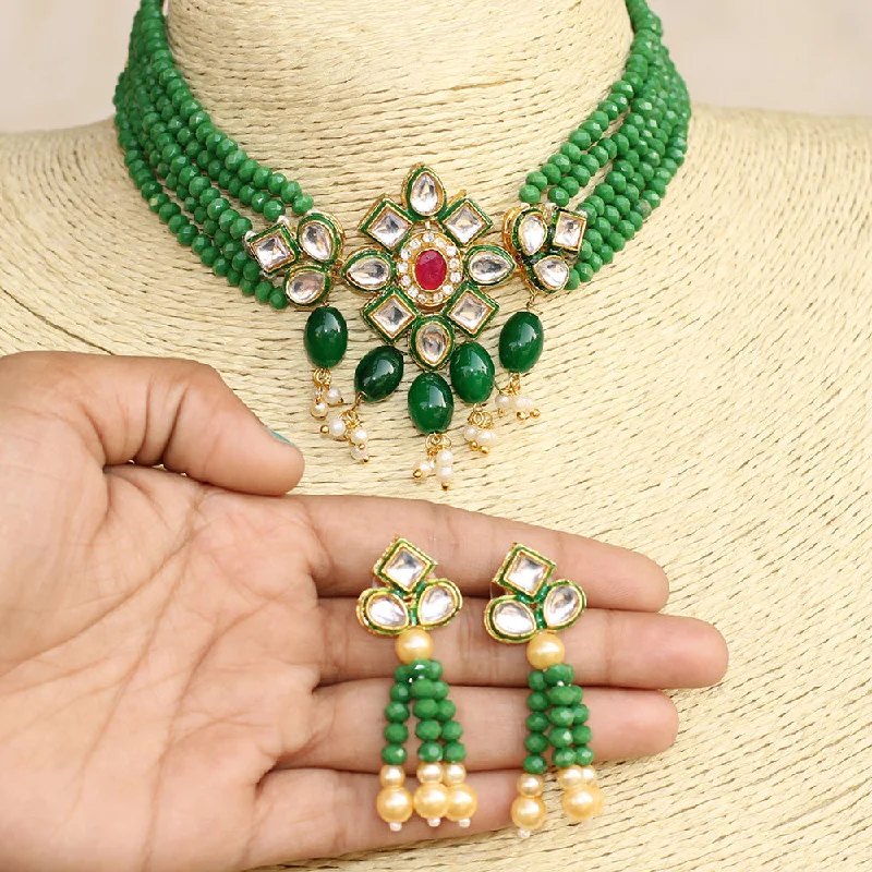 Luxury Gold Necklaces-Beadsnfashion Glass Crystal Beaded Kundan Choker Set Green