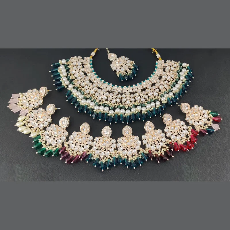 Simple Gold Bead Necklaces-Rani Sati Jewels Gold Plated Kundan Necklace Set