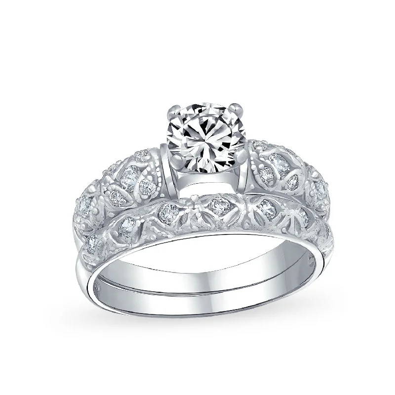 Men's Fashion Rings-Vintage Style Cocktail Statement Ring: 1CT Round Solitaire Filigree CZ Sterling Silver