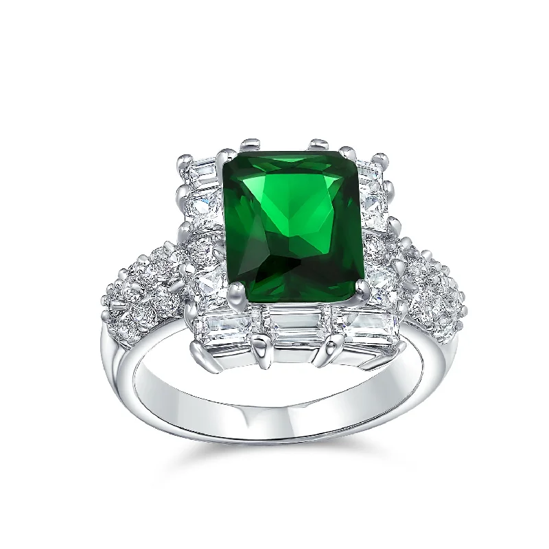 Birthstone Diamond Rings-Fashion Rectangle CZ Pave Simulated Emerald 5CT Cocktail Statement Ring Silver Plated