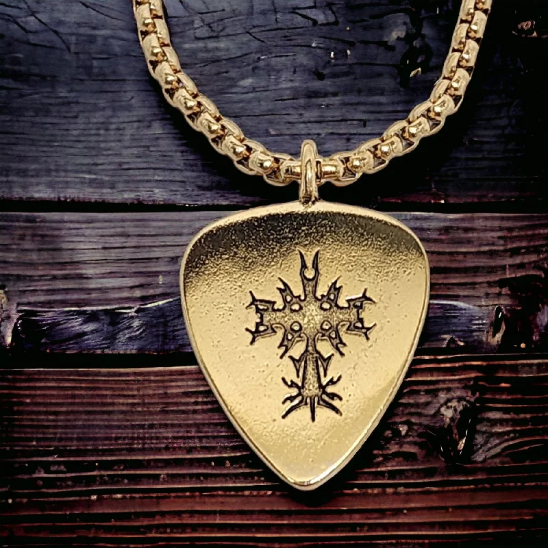 Gold Chain Necklaces for Women-Cross Guitar Pick Gold Metal Finish Pendant Gold Heavy Box Chain Necklace