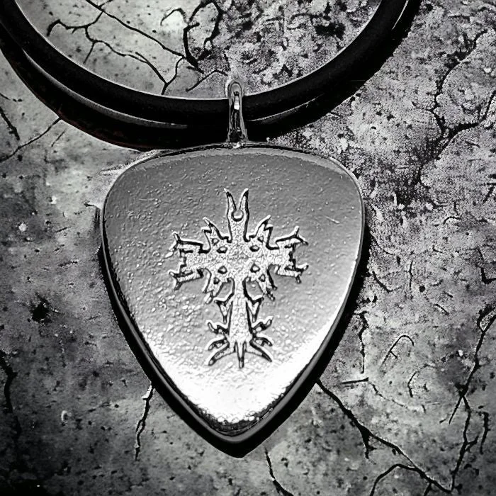 Minimalist Pendant Necklaces-Cross Guitar Pick Rhodium Metal Finish Pendant Black Cord Necklace