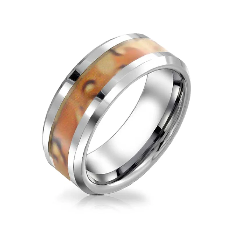 Fashionable Cocktail Rings-Tungsten Wedding Band Ring with Brown Camouflage Inlay for Men - Silver Tone