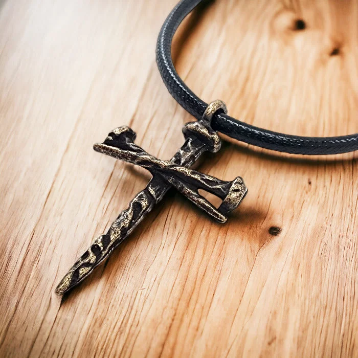 Trendy Charm Necklaces-Rugged Antique Nail Cross Necklace Brass Finish