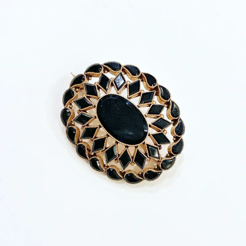 Retro Brooch with Pearl Detail-Retro Brooch with Pearl Detail-Estate Collection Brooch - 14K Faceted Black Onyx Mourning