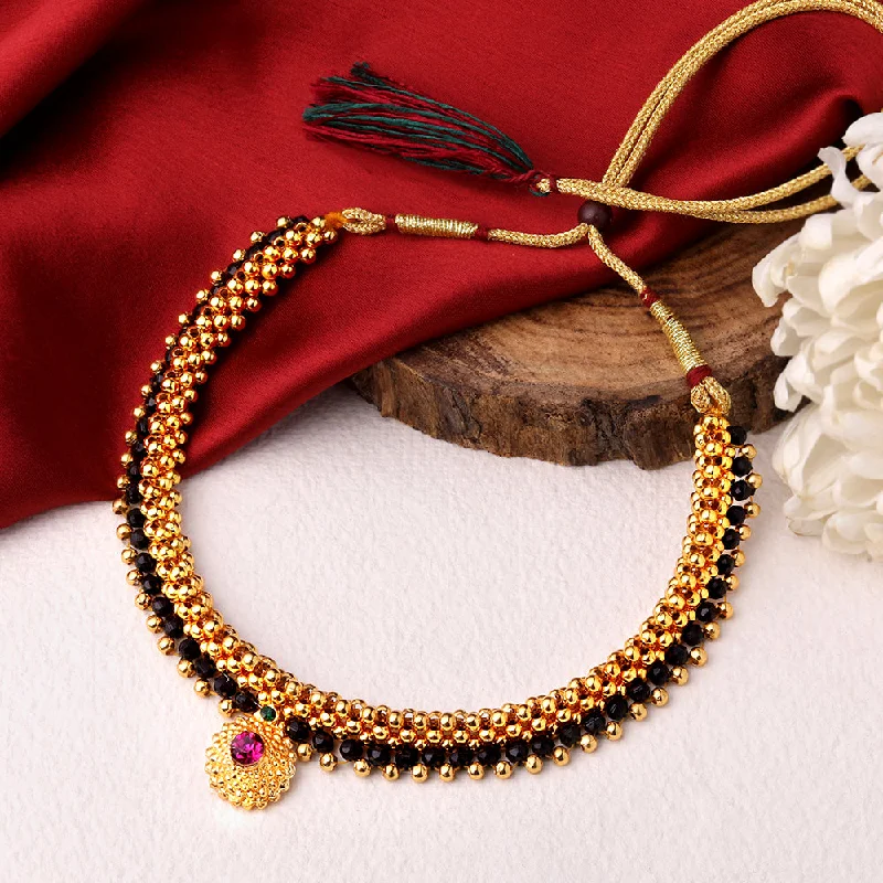 Light Blue Gemstone Necklaces-Shrishti Fashion Traditional Black and Gold Bead Gold Plated Necklace For Women