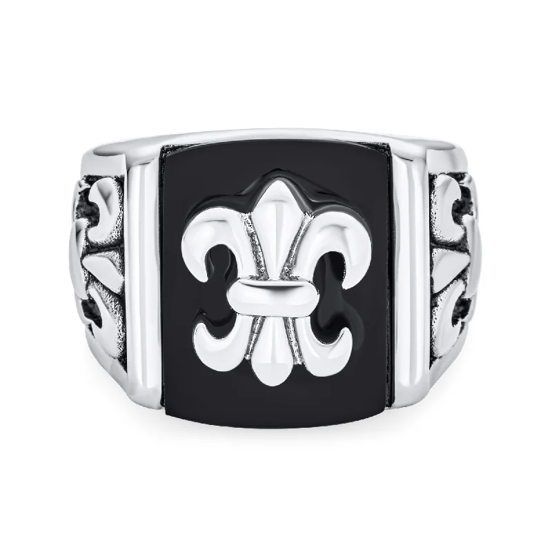 Pear-Shaped Diamond Rings-Mens Stainless Steel Black Onyx Fleur De Lis Signet Ring Silver Tone