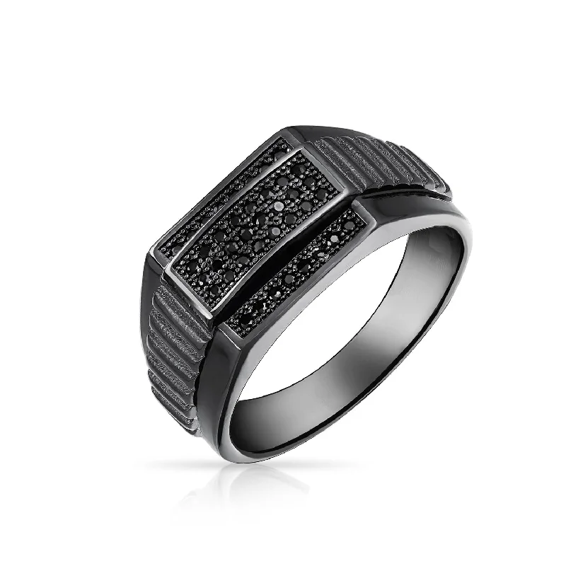 Large Emerald Rings-Mens Stainless Steel Geometric Black CZ Rectangle Ring .925 Sterling Silver Signet