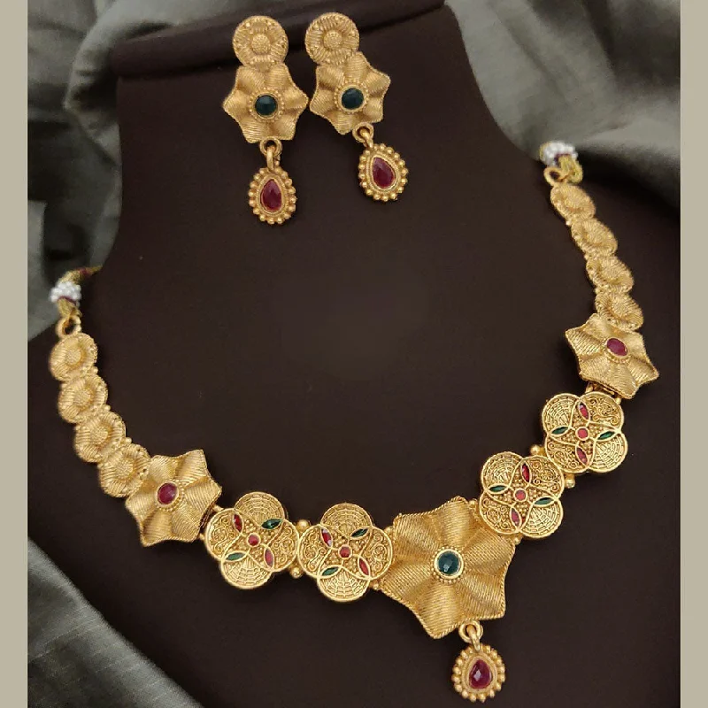 Pearls and Diamonds Necklaces-FS Collection Gold Plated Pota Stone Necklace Set