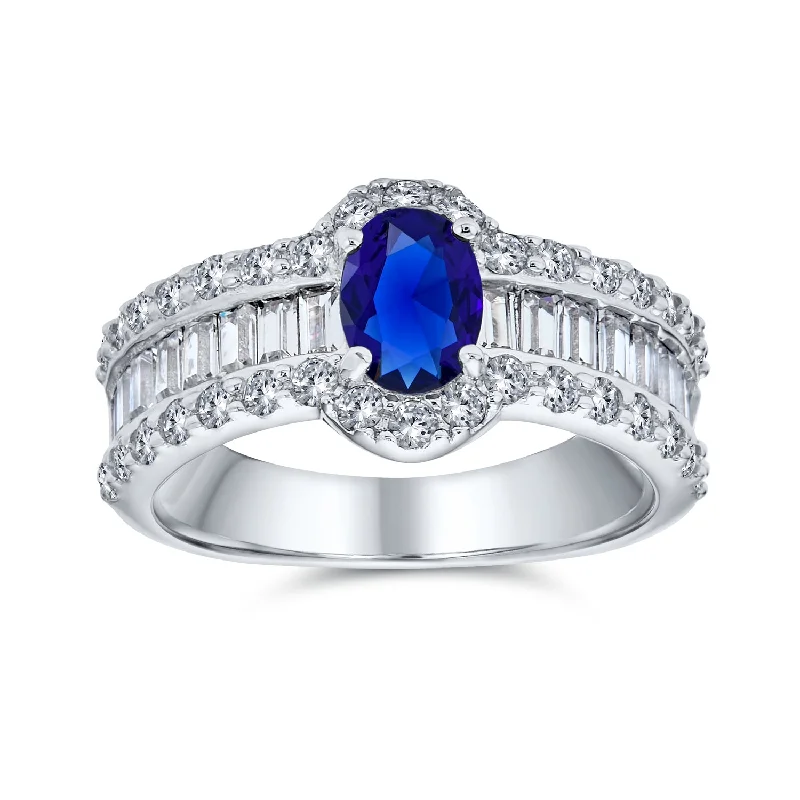 Birthstone Engagement Rings-Vintage Art Deco Halo Blue Simulated Sapphire Engagement Ring Sterling Silver