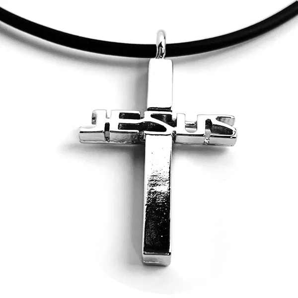 Heart Charm Necklaces-Jesus Cross Pewter Necklace With Rhodium Metal Finish