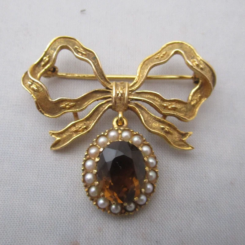 Elegant Butterfly Brooch for Women-Elegant Butterfly Brooch for Women-9K Gold Citrine And Seed Pearl Bow Brooch Pin Antique Victorian c1900