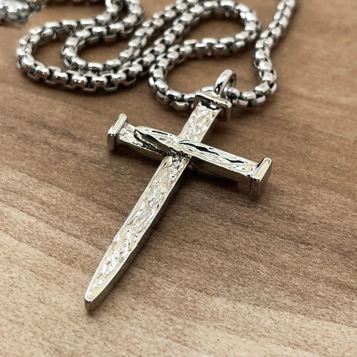 Colorful Beaded Pendant Necklaces-Nail Cross Large Rugged Rhodium Metal Finish Pendant Heavy Chain Necklace