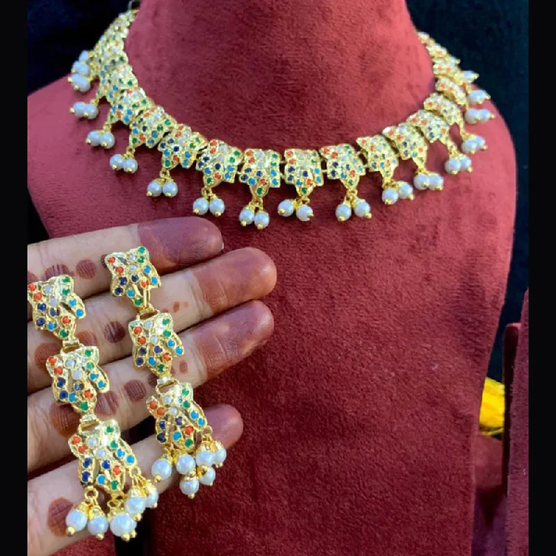 Unique Necklace Designs-Everlasting Jadau Gold Plated Pearl And Pota Stone Necklace Set