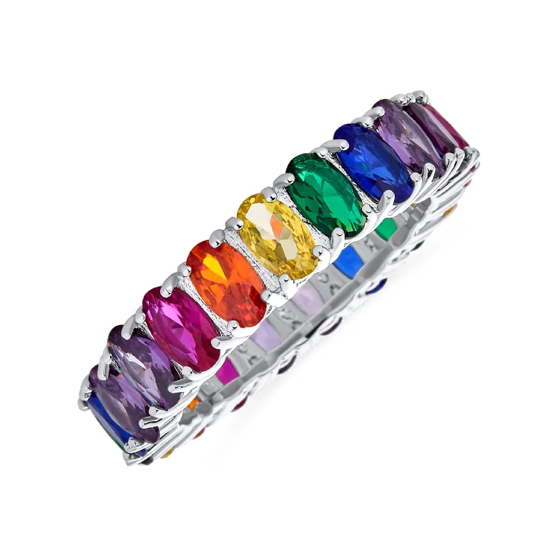 Custom Heart-Shaped Rings-Cubic Zirconia Rainbow Cocktail Statement Ring Sterling Silver Stackable Band