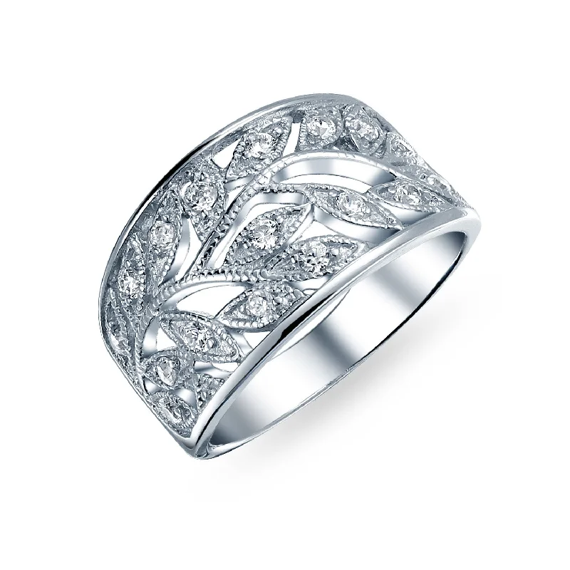 Personalized Infinity Rings-Boho Pave Cubic Zirconia Silver Ring with Open Filigree Leaf Design