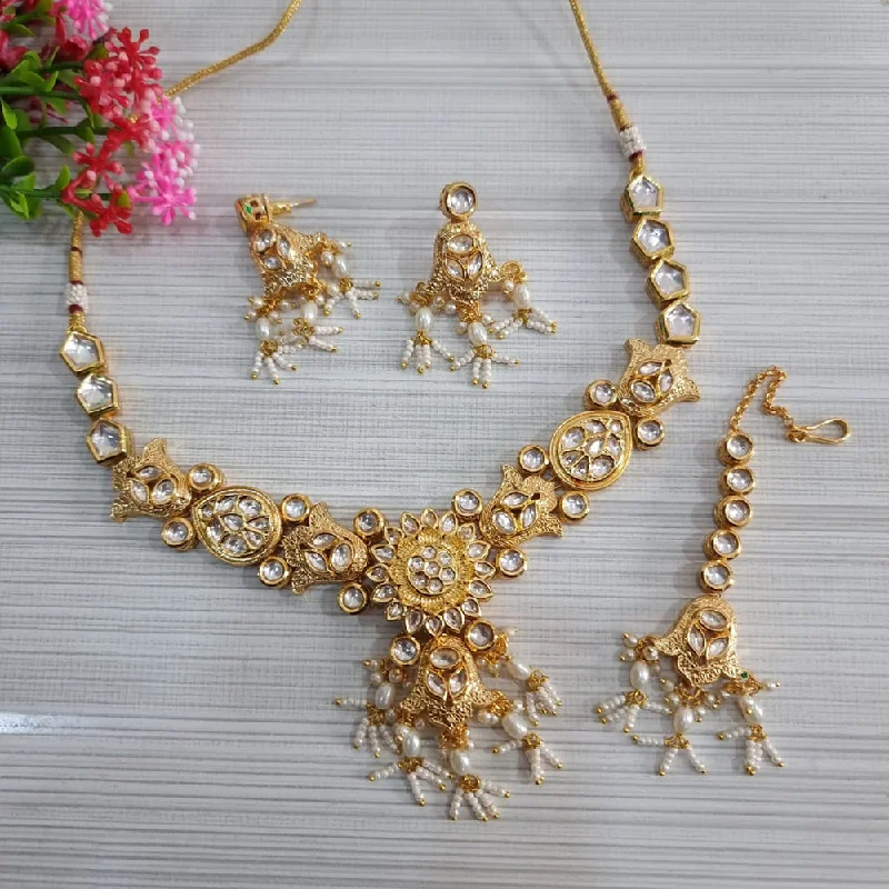 Nature-Inspired Pendant Necklaces-JCM Gold Plated Kundan Stone Necklace Set