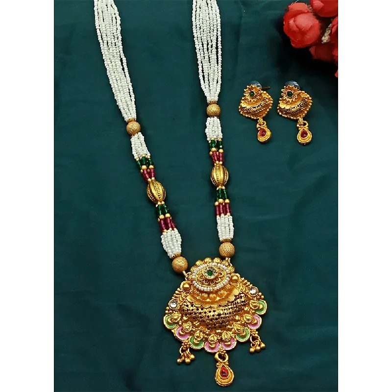 Colorful Stone Necklaces-Gehana Mahal Gold Plated Pota Stone And Pearl Necklace Set