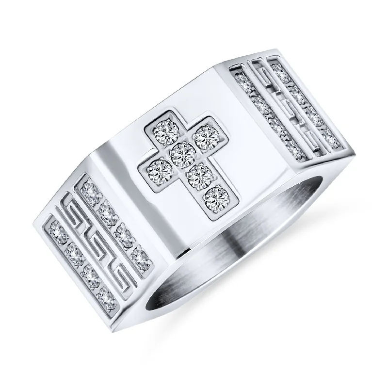 Custom Signet Rings-Religious Mens Stainless Steel Greek Key CZ Cross Ring Band Silver Tone