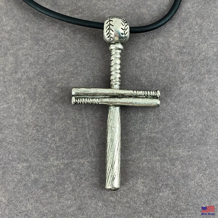 Antique Gold Necklaces-Baseball Bat And Ball Cross On Black Cord Necklace Antique Pewter