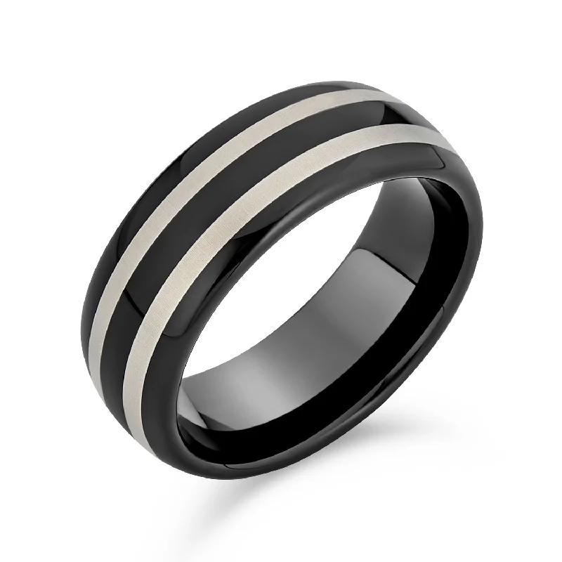 Elegant Sapphire Rings-Simple Dome Black Silver Tungsten Wedding Band Ring with Two-Tone Center Stripe Comfort Fit