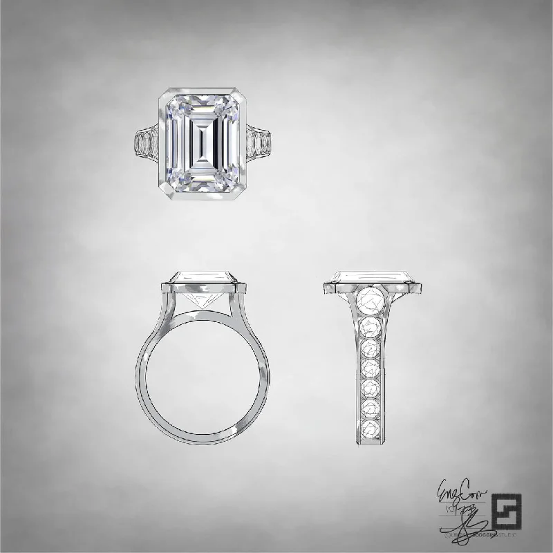 Custom Vintage Rings-BEZEL SET EMERALD CUT ENGAGEMENT RING WITH GRADUATED DIAMOND SHANK