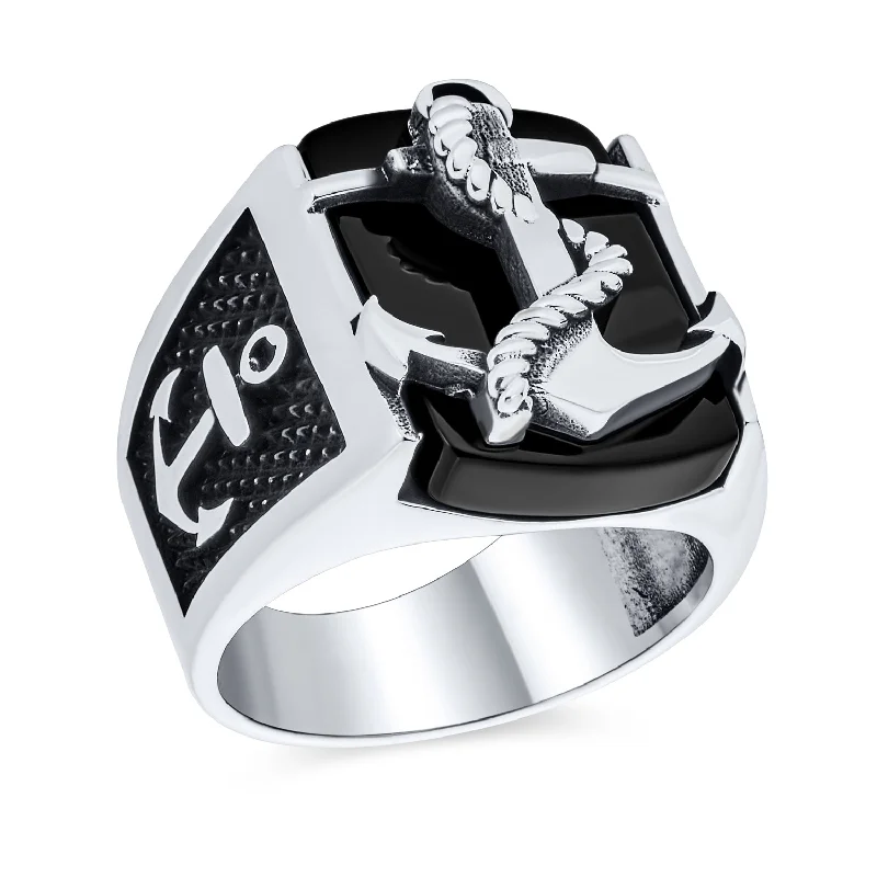 Classic Gemstone Engagement Rings-Mens Silver Ring Nautical Black Onyx Gemstone Anchor Signet .925 Sterling Silver