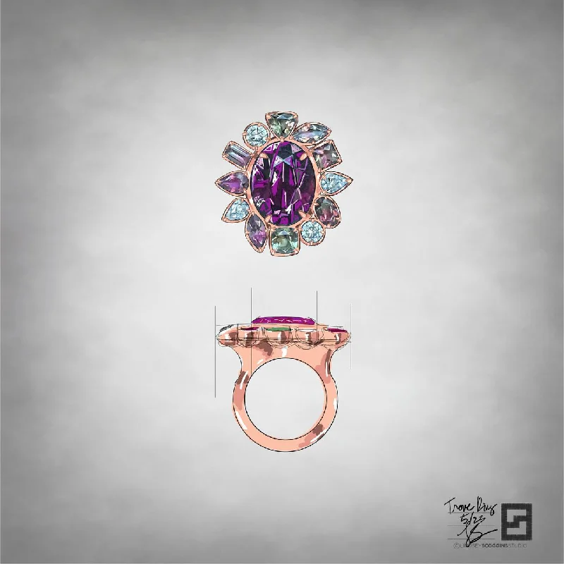 Gold Band Engagement Rings-TROVE FLOWER RING WITH GARNET AND BICOLORED TOURMALINES