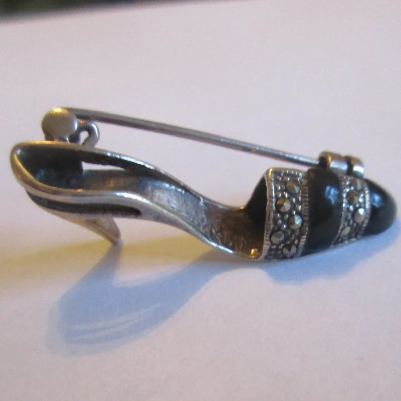 Vintage Brooch for Collectors-Vintage Brooch for Collectors-Sterling Silver Marcasite And Black Onyx Shoe Brooch Vintage c1980