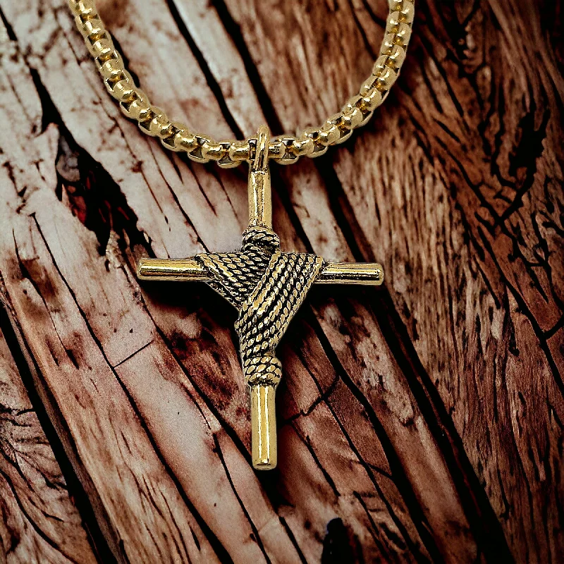 Colorful Crystal Pendant Necklaces-Rope Wrapped Cross Gold Metal Finish Gold Heavy Chain Necklace