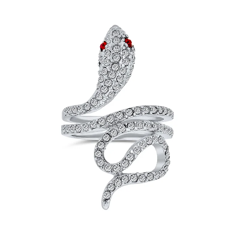 Double Band Wedding Rings-Spiral Wrap Serpent Snake Cocktail Statement Ring with Red Eye CZ Silver Plated