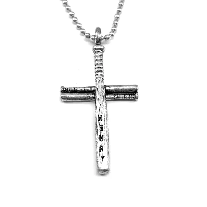 Simple Beaded Necklaces-Baseball Bat Personalize Cross Necklace Pewter