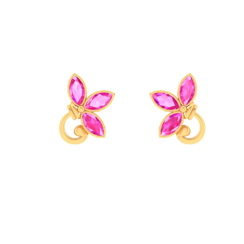 Glittery Earrings for Parties-14k Gold Earrings With Petal Shaped Motifs And Pink Stones