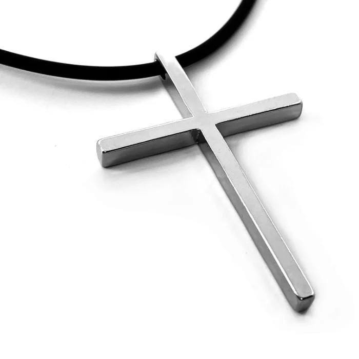 Nature-Inspired Necklaces-Cross Large Gunmetal Finish Pendant Black CordNecklace