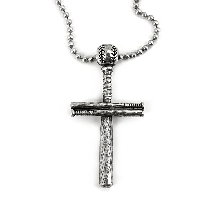 Long Chain Necklaces-Baseball Bat And Ball Cross On Ball Chain Necklace Antique Pewter