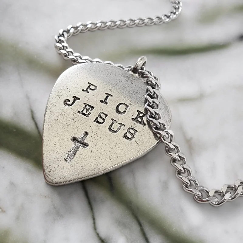 Simple Chain Necklaces-Pick Jesus Cross Antique Silver Finish Guitar Pick Pendant Chain Necklace