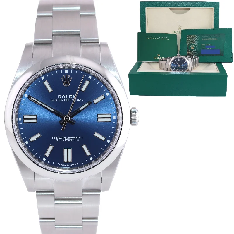 Multi-Function Sports Watches-NEW 2022 PAPERS Rolex Oyster Perpetual 41mm Blue Stick Oyster Watch 124300 Box