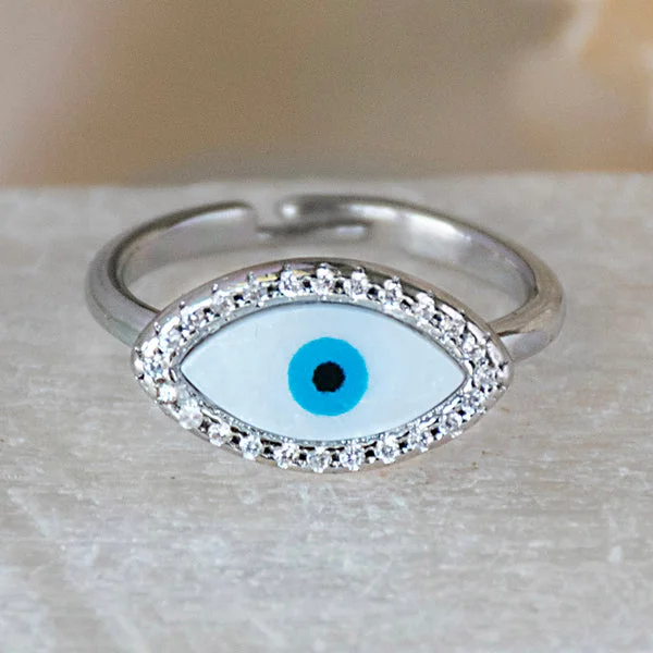 Sterling Silver Engagement Rings-Eye-Shaped Studded Evil Eye Ring