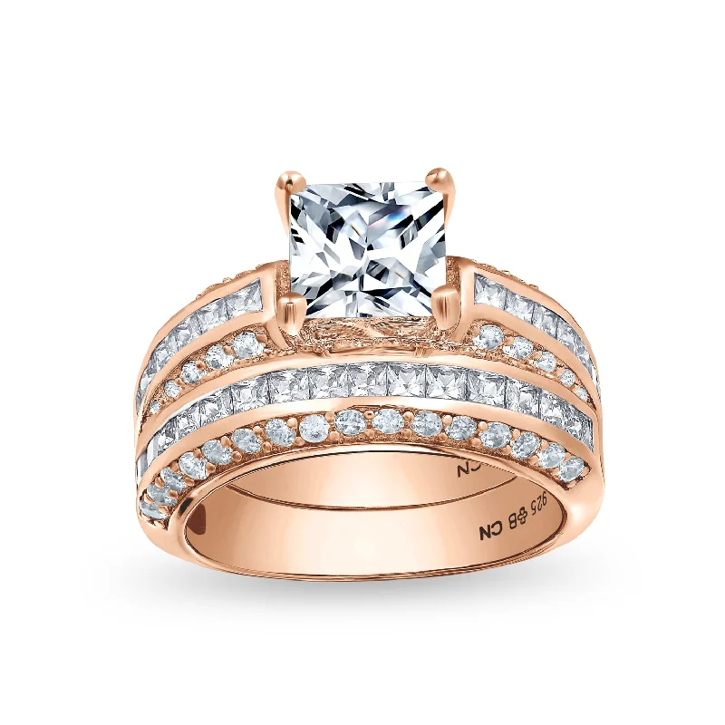 Stylish Couple Rings-Art Deco Blue Princess Cut Cocktail Statement Ring Rose Gold Sterling Silver