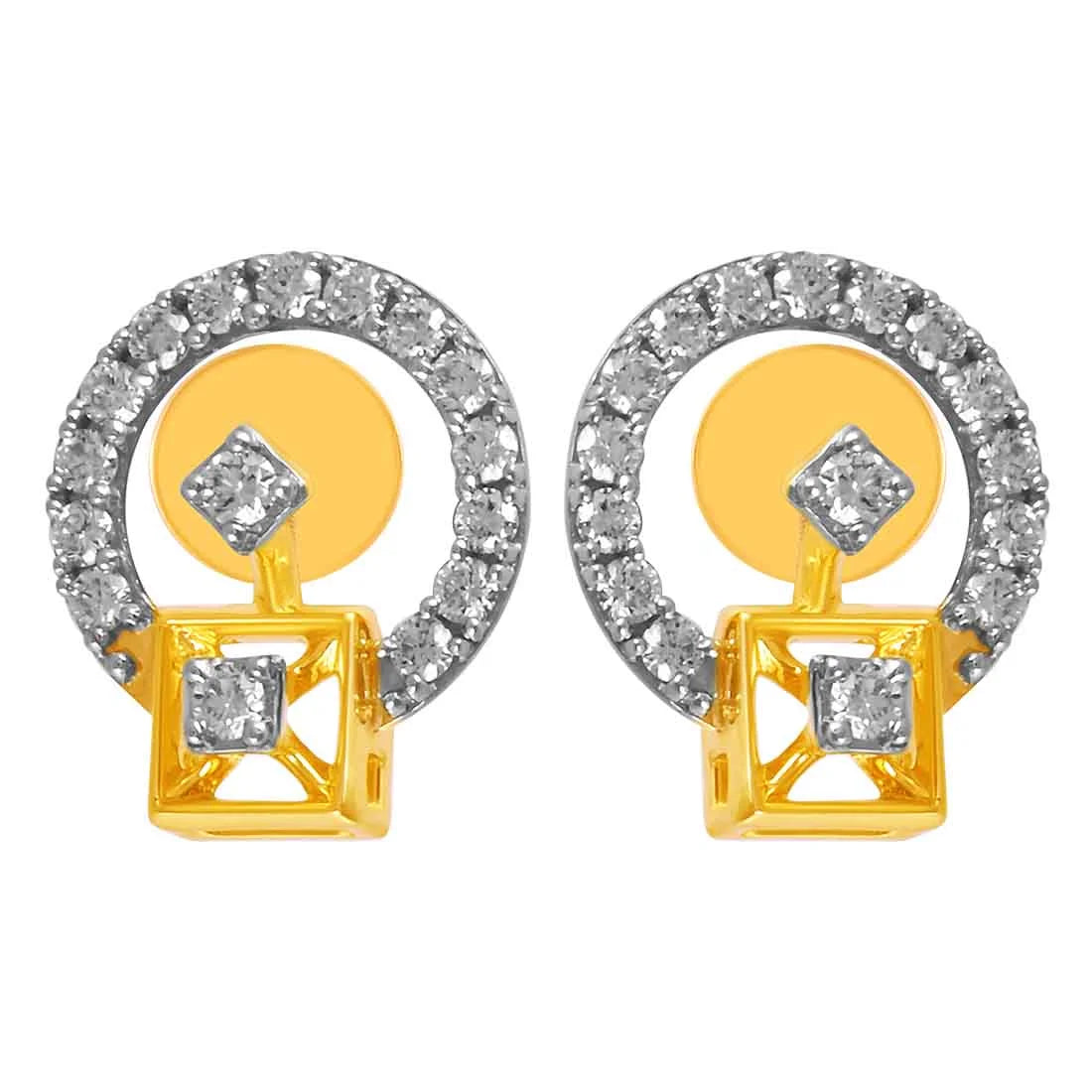 Simple Rose Gold Hoops-14KT (585) Yellow Gold & Diamond Circular Design Stud Earrings