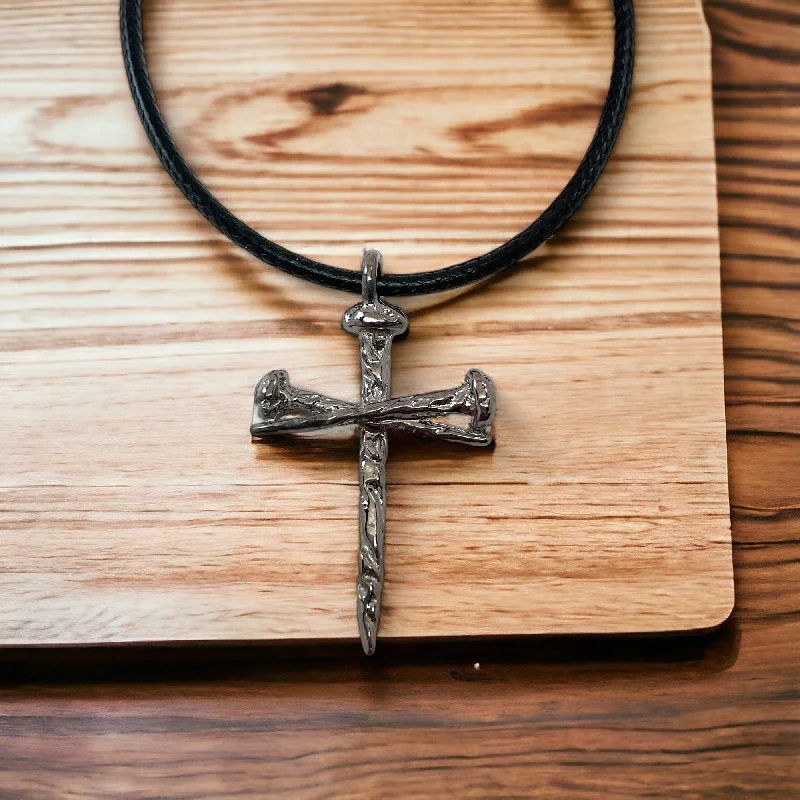 Personalized Couple Pendant Necklaces-Rugged Antique Nail Cross Necklace Dark Gunmetal