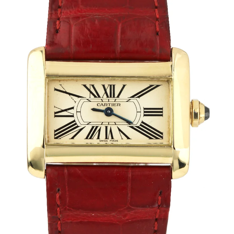 Solar-Powered Sports Watches-Cartier Tank Divan 2601 31mm 18k Yellow Gold Red Leather Ivory Dial Watch