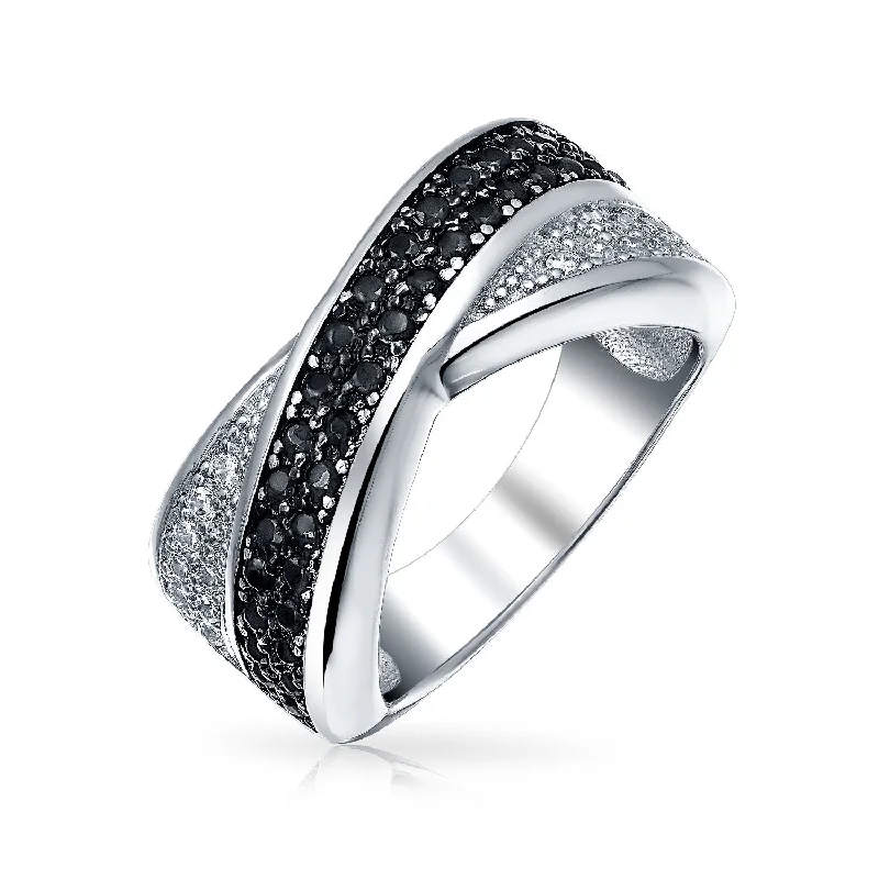 Custom Wedding Rings with Engraving-Two Tone Black & White CZ Criss-Cross X Band Cocktail Statement Ring in Sterling Silver